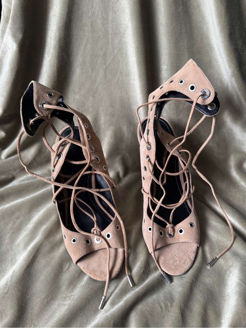 Kendall & Kylie Lace-Up Peep Toe Heels in Taupe